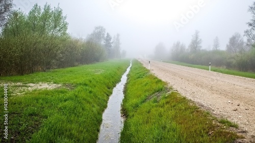 Reclamation ditch along the road. Morning fog.