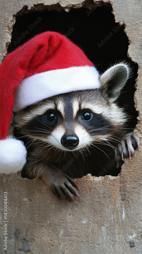 Festive raccoon wearing a Santa hat, peeking through a wall hole Festive raccoon wearing a Santa hat, peeking through a wall hole