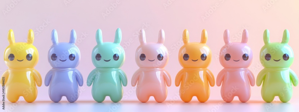 Obraz premium Charming kawaii-style pastel alien characters lined up in soft lighting. Generative AI