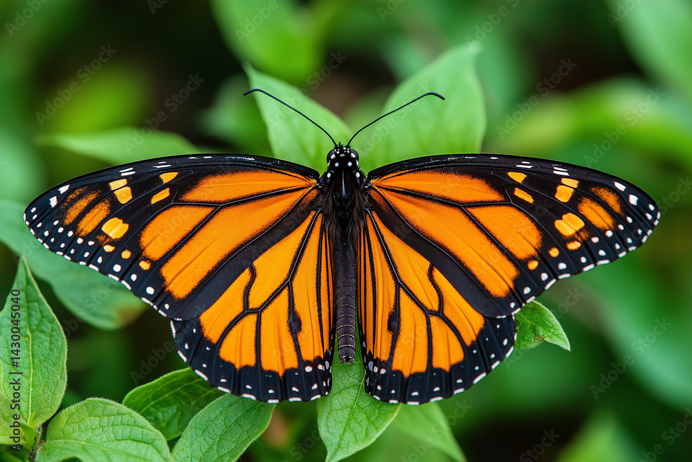 Close-Up of Orange and Black Butterfly Resting on Green Leaves in a Garden — Wings Spread in Natural Outdoor Setting Close-Up of Orange and Black Butterfly Resting on Green Leaves in a Garden — Wings Spread in Natural Outdoor Setting