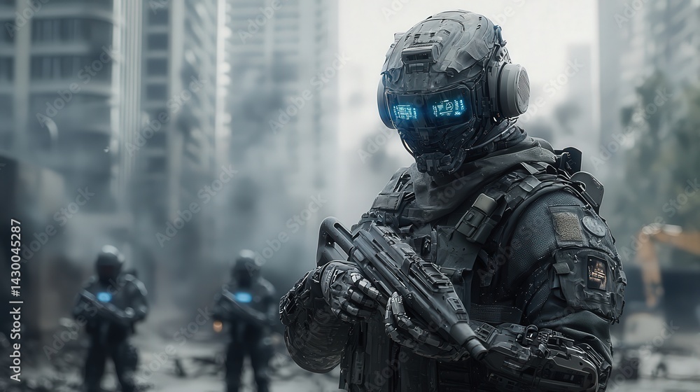 Futuristic combat soldier engages in battle urban environment digital art dystopian landscape close-up perspective Futuristic combat soldier engages in battle urban environment digital art dystopian landscape close-up perspective