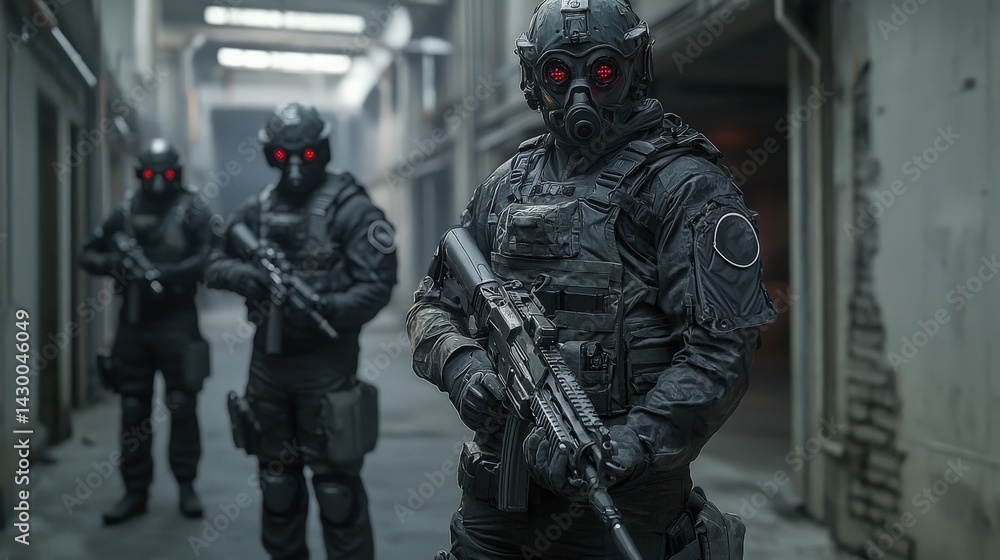 Tactical assault team engaging hostile forces abandoned facility digital art contained environment dramatic angle Tactical assault team engaging hostile forces abandoned facility digital art contained environment dramatic angle