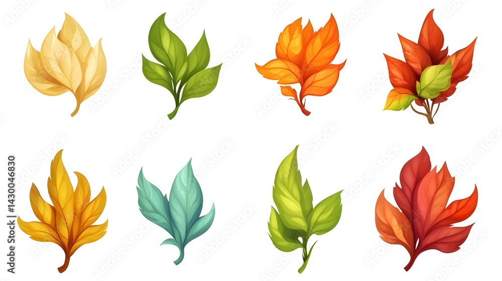 Fototapeta premium Row of Colorful Maple Leaf Icons, Assorted Maple Leaf Graphics, Green Yellow Red Maple Leaves, Collection of Stylized Autumn Leaves, Vibrant Maple Leaf Set, Simple Colorful Leaf Illustrations.