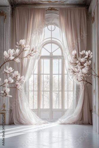 Elegant light filled room featuring blooming magnolia branches gracefully arranged