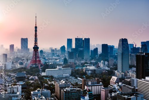 Elevated view of Tokyo tower and city at sunset