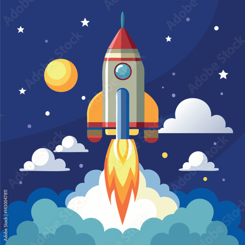 Vector illustration of space rocket flying away to the sky, kids design