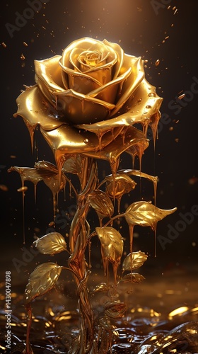 Elegant golden rose with dripping metallic paint effect and soft black background
