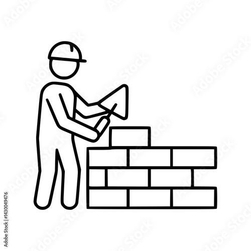 Builder laying bricks with trowel against construction site backdrop  