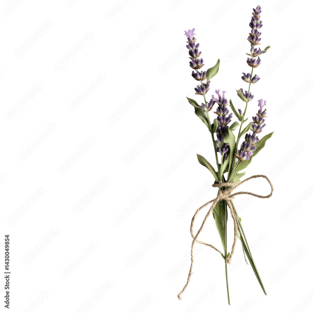 Naklejka premium A beautiful bouquet of lavender flowers tied with twine, symbolizing calm and serenity in a natural setting. on transparent background
