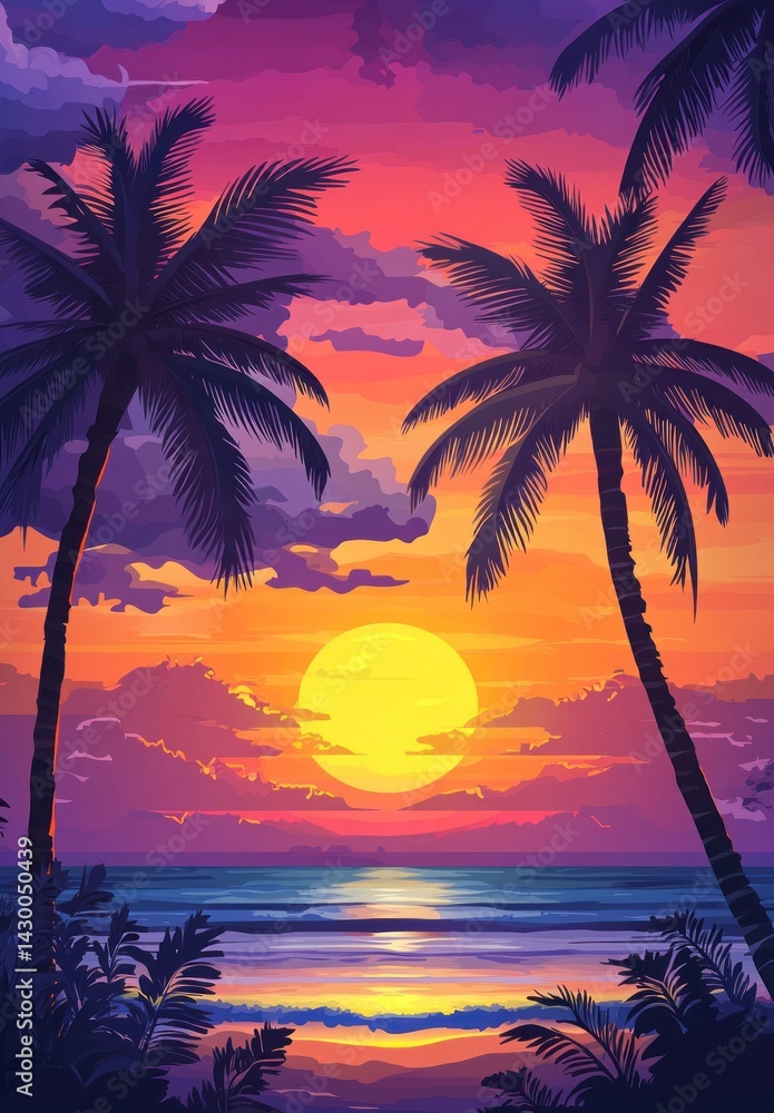 Obraz premium A beautiful sunset over the ocean with palm trees
