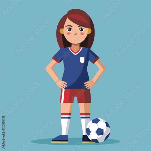 Soccer women, female football player with ball, isolated vector , high contrast illustration, front view 