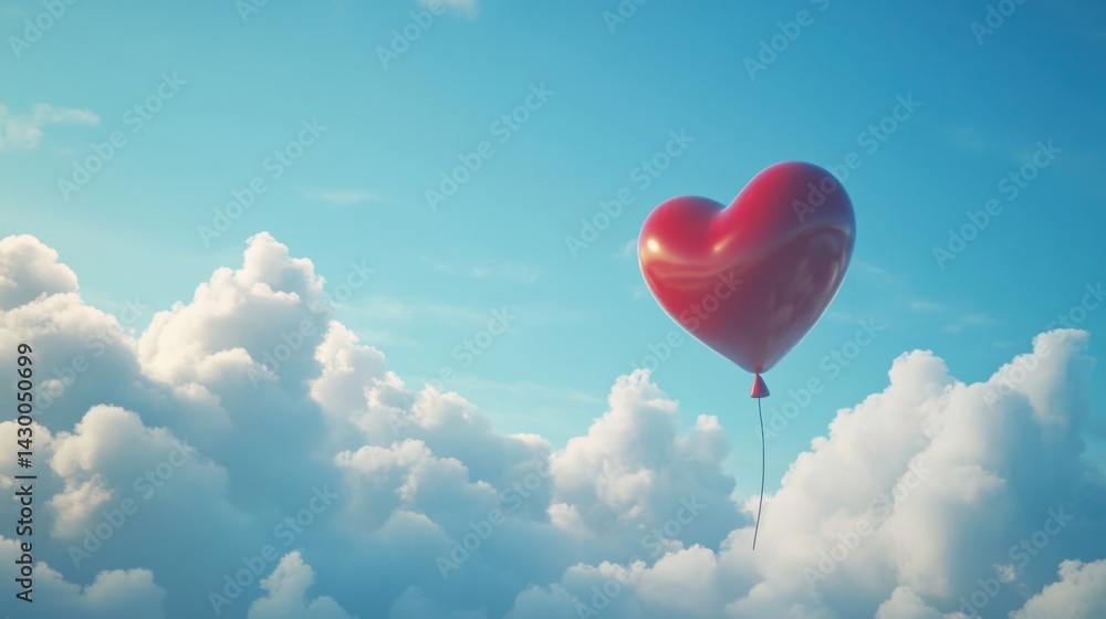 Fototapeta premium Red Heart Shaped Balloon Ascending Above Fluffy White Clouds in a Blue Sky