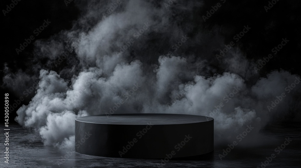 Black podium, dark smoke, wide angle, expansive Black podium, dark smoke, wide angle, expansive