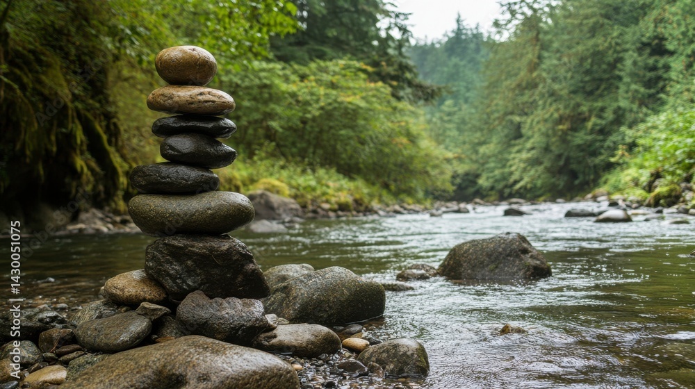 Balanced Dark Stones by a Tranquil River in a Lush Green Forest Balanced Dark Stones by a Tranquil River in a Lush Green Forest