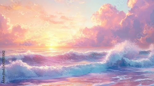 A serene sunset over a tranquil ocean, with gentle waves crashing on the shore, reflecting vibrant colors in the sky, creating a peaceful atmosphere for relaxation and contemplation