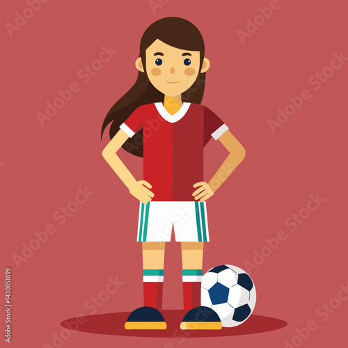 Soccer women, female football player with ball, isolated vector , high contrast illustration, front view 