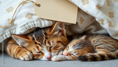 Cat and kitten sleep together. Concept of maternal care.