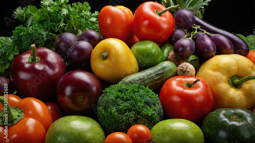 Fresh fruits and vegetables. Assorted fruits and vegetables colorful, clean dishes