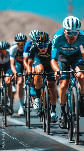 Cyclists racing, sunny day, desert background, for sports magazine use