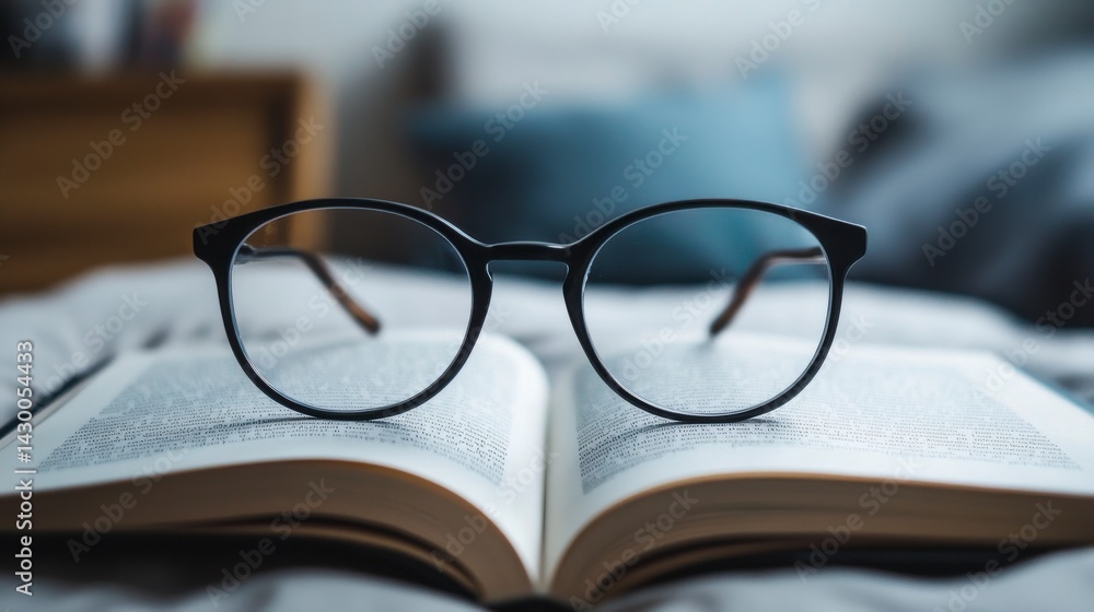 Black Framed Eyeglasses on Open Book, Soft Natural Light Black Framed Eyeglasses on Open Book, Soft Natural Light