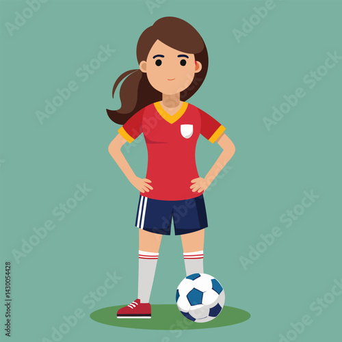 Soccer women, female football player with ball, isolated vector , high contrast illustration, front view 