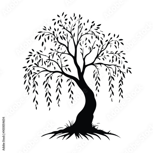 Elegant Black and White Silhouette of a Weeping Willow Tree