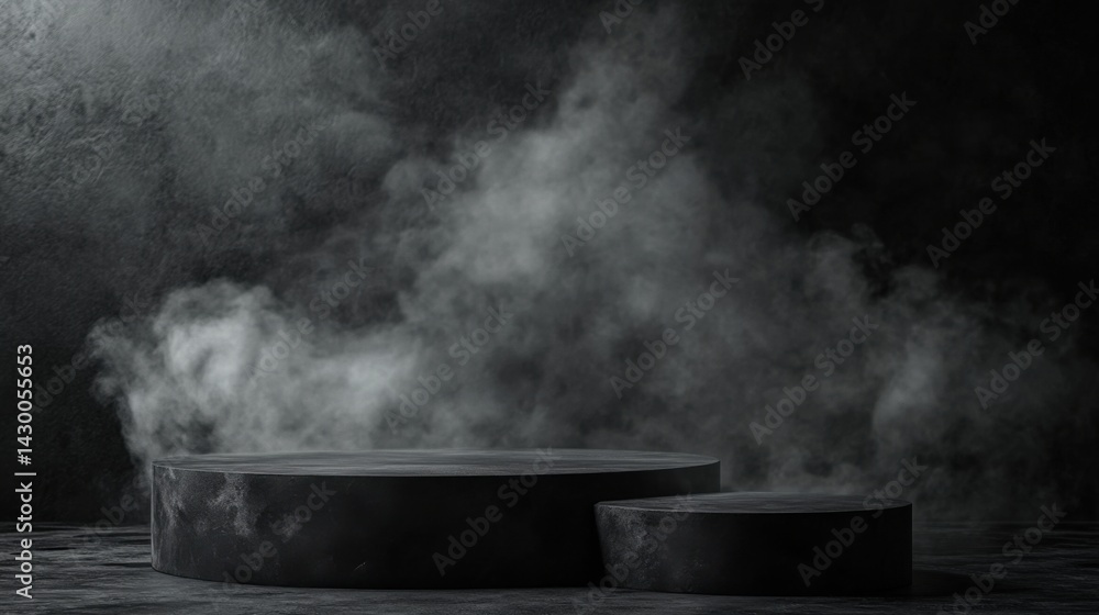 Black podium, dark smoke, with an asymmetrical composition, dynamic Black podium, dark smoke, with an asymmetrical composition, dynamic