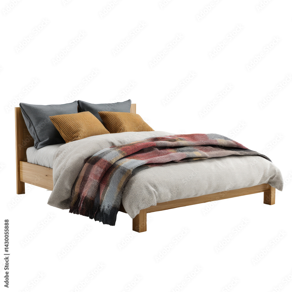 Modern double bed with plaid blanket and pillows isolated on white background. Object for bedroom design, interior mockups and furniture catalogs