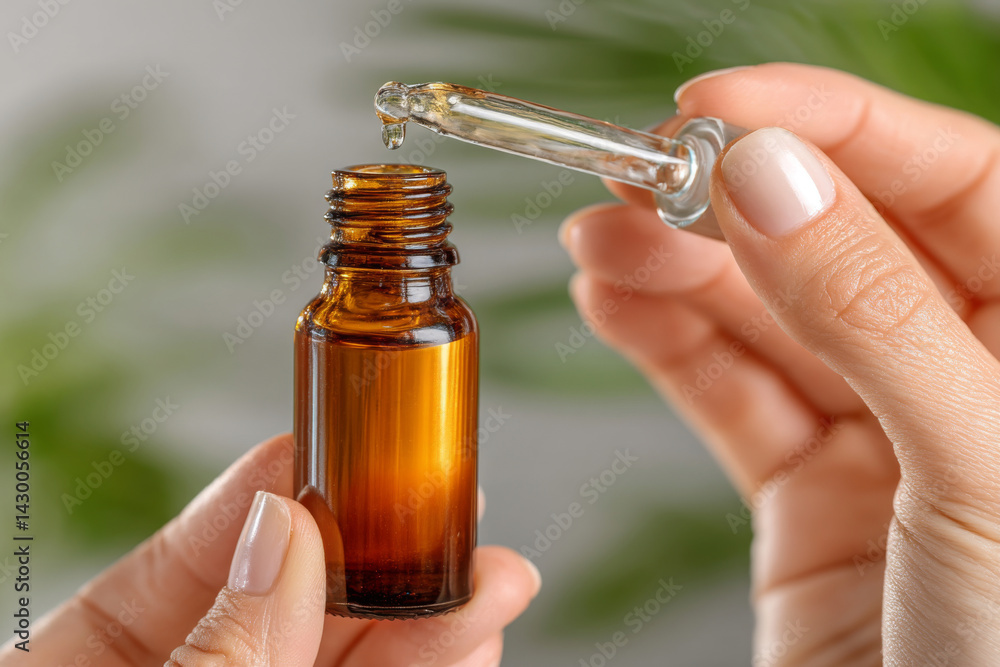 Hand holding dropper with essential oil above glass bottle. Skincare serum drop falling from glass pipette. Natural cosmetics, self-care and wellness concept