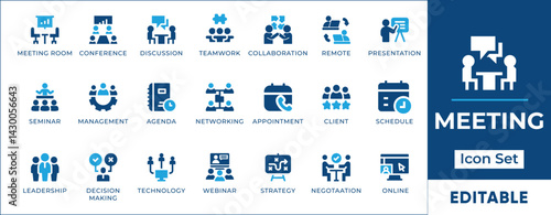 Flat vector icons featuring meeting, agenda, teamwork, presentation, and leadership. Perfect for office communication, strategy planning, webinars, and client calls.