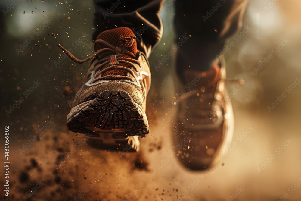 Close up of trail runners feet wearing running shoes on dusty ground. Outdoor trail running on rugged terrain