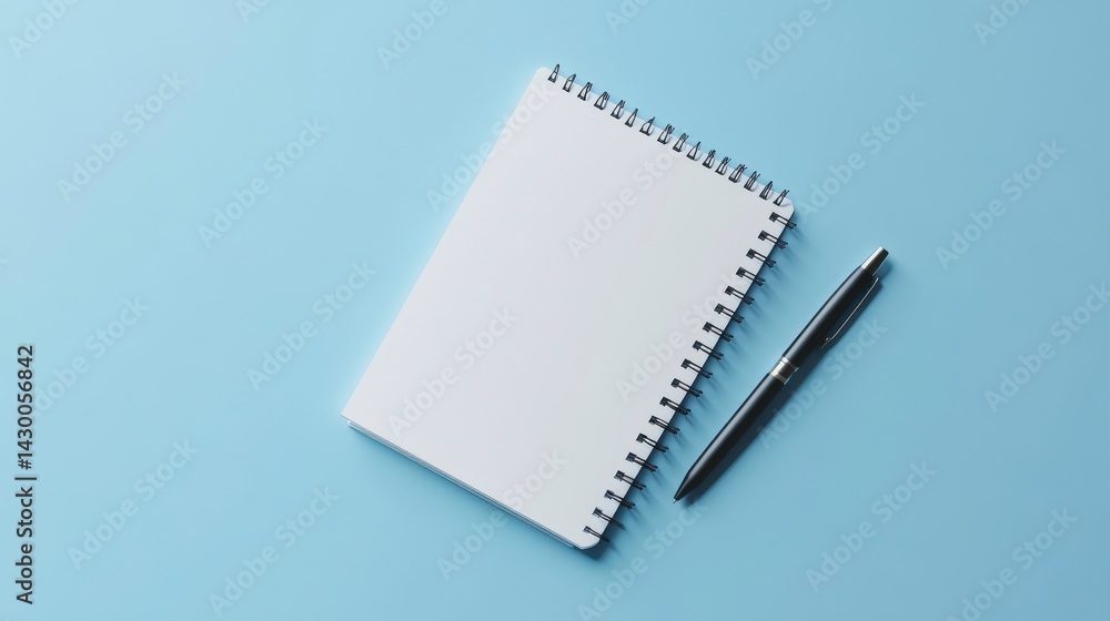 Blank White Spiral Notebook and Black Pen on Light Blue Background Blank White Spiral Notebook and Black Pen on Light Blue Background