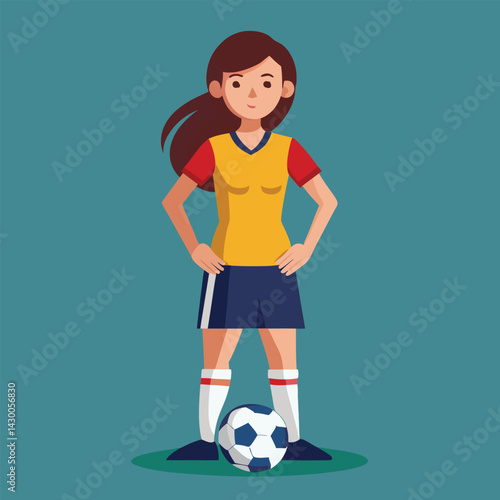 Soccer women, female football player with ball, isolated vector , high contrast illustration, front view 