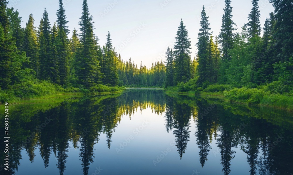 Serene lake reflecting lush green forest under a clear sky in natural park Serene lake reflecting lush green forest under a clear sky in natural park