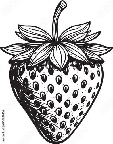 Botanical black and white strawberry illustration featuring detailed hand drawn line art with whole and sliced fruit ideal for culinary prints natural branding and decor