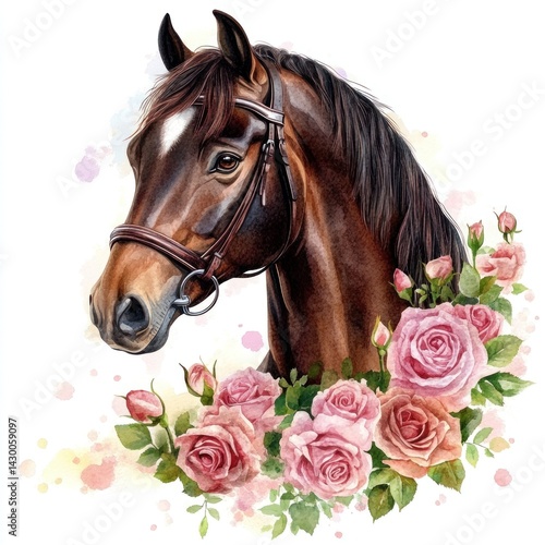 A majestic horse portrait surrounded by beautiful pink roses