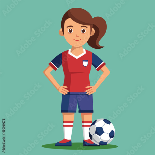 Soccer women, female football player with ball, isolated vector , high contrast illustration, front view 