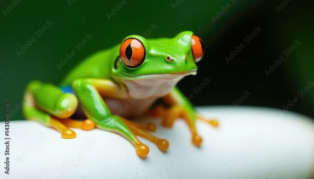 Obraz premium Green tree frog, perched on white, vibrant skin , tree frog, fauna, pond