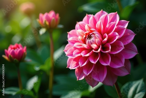 Intricate dahlia blooms, vibrant petals, lush foliage , closeup, pattern, stockphoto