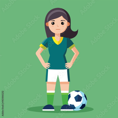 Soccer women, female football player with ball, isolated vector , high contrast illustration, front view 