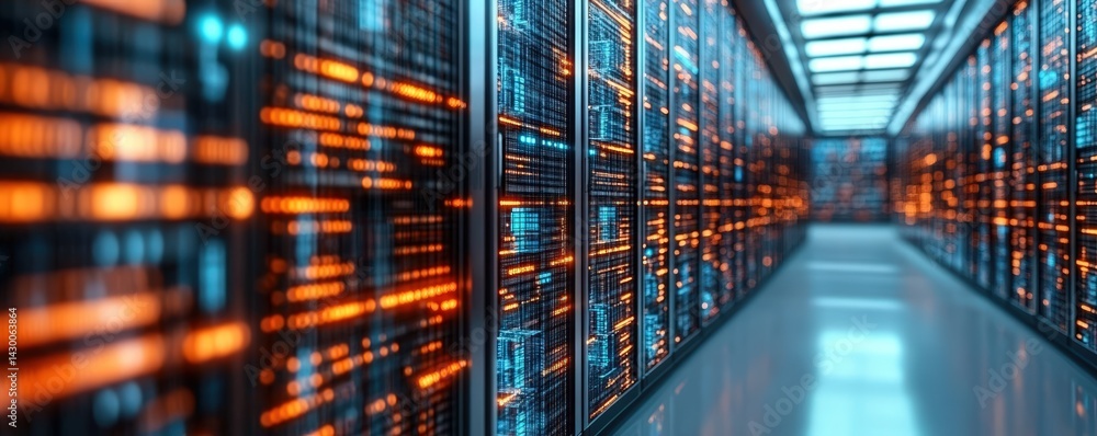 Futuristic Data Center with Neon Lights: A 3D Rendering of Advanced AI Data Storage Technology in a High-Tech Environment Futuristic Data Center with Neon Lights: A 3D Rendering of Advanced AI Data Storage Technology in a High-Tech Environment