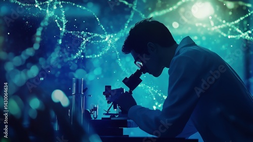 Research and development concept scientist or researcher using microscopes in biotechnology lab overlay with DNA strands and molecules