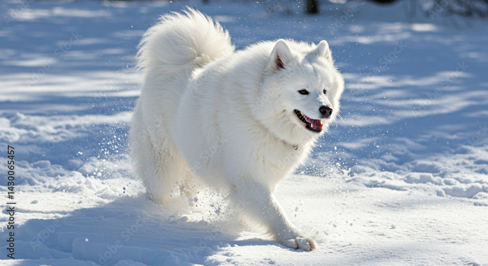 A fluffy white samoyed dog is running happily through the snow covered ground on a bright sunny day A fluffy white samoyed dog is running happily through the snow covered ground on a bright sunny day