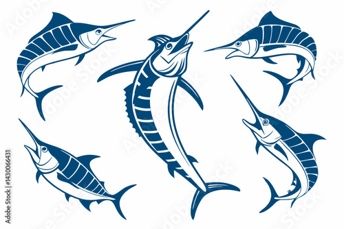 set of Blue Marlin vector silhouette illustration isolated on white background