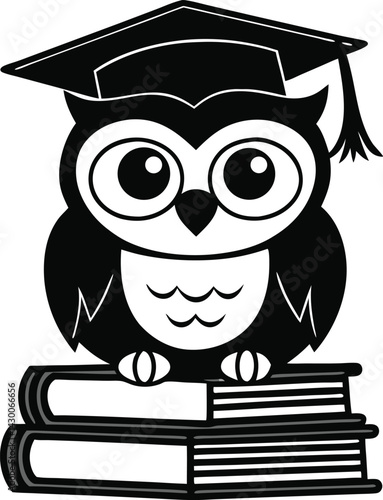 Cartoon owl logo with graduation cap blue owl sitting on books. vector illustration