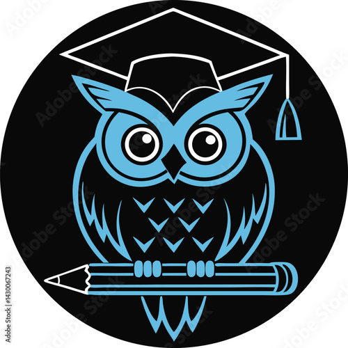 Cartoon owl logo with graduation cap blue owl sitting on pencil. vector illustration