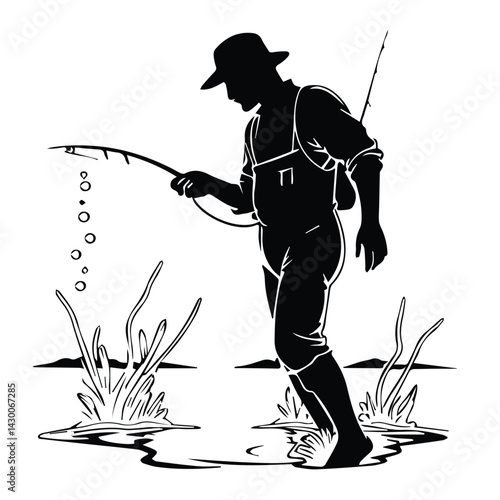 Silhouette of a Fisherman Casting a Line in a Shallow River