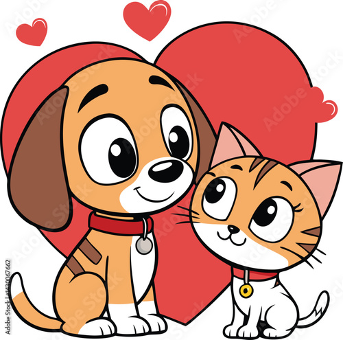 Cartoon puppy and kitten, large red heart, Valentine's Day theme 