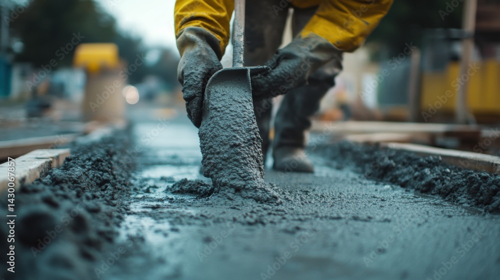 Cement worker pouring concrete for a sidewalk. Featuring precision and strength Cement worker pouring concrete for a sidewalk. Featuring precision and strength