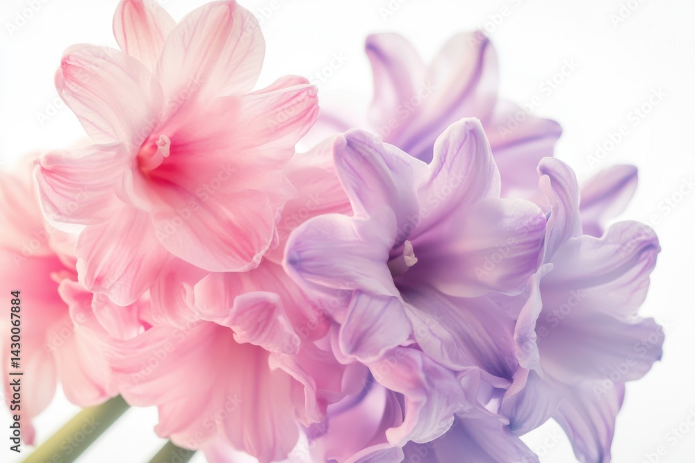 Close view of soft pink and purple hyacinth flowers against white space Close view of soft pink and purple hyacinth flowers against white space